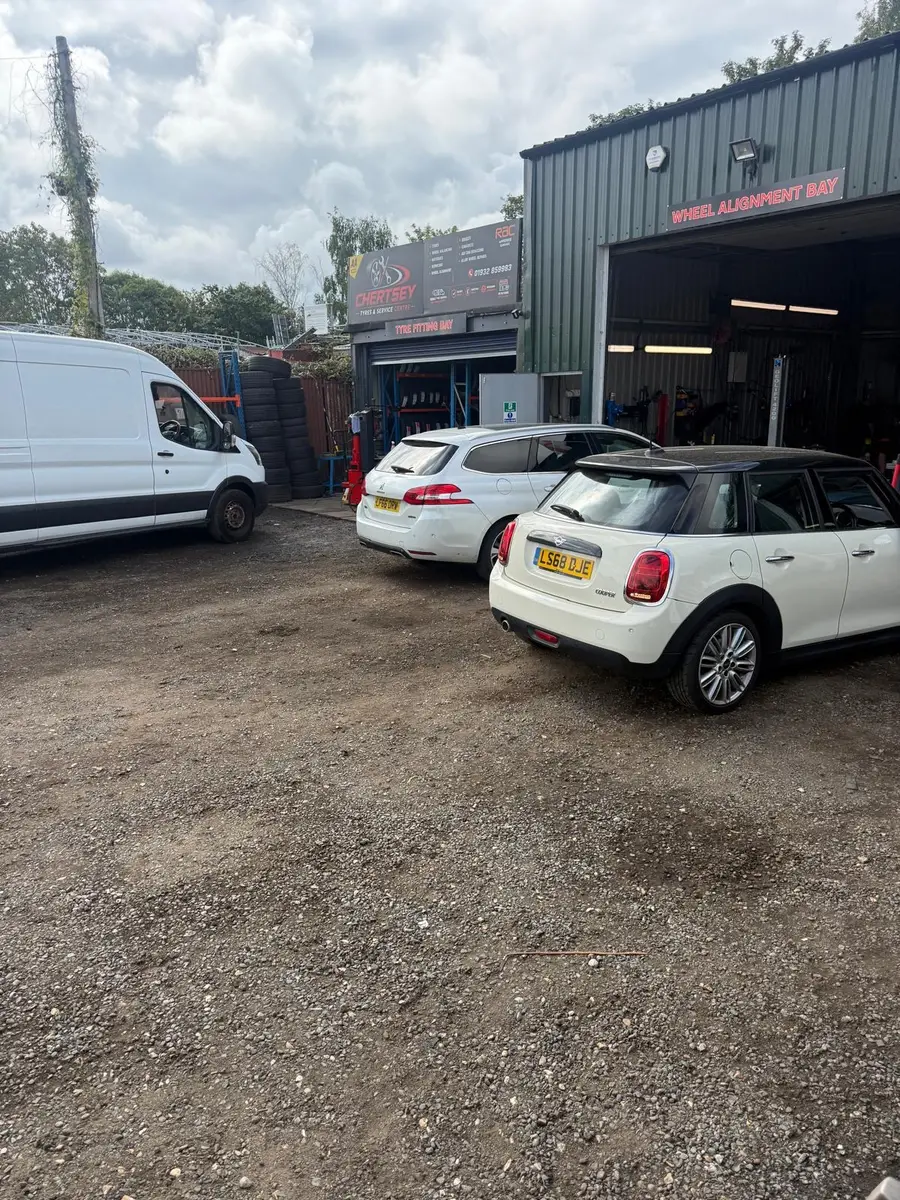 Customer parking area outside the Chertsey Tyres & Service Centre workshop